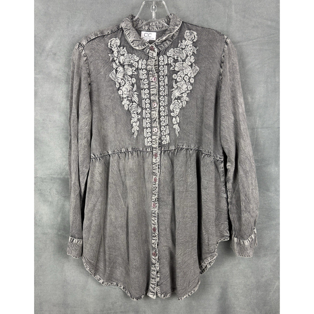 Chic Connection Long Sleeve Embroidered Tunic Top Size Medium Gray Boho Peasant